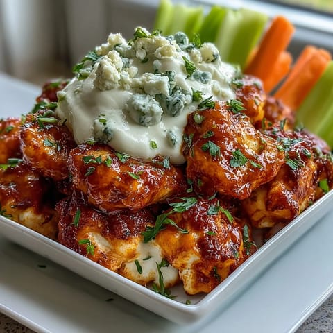 Creamy High-Protein Cottage Cheese Buffalo Chicken Dip with melted cheddar and spicy sauce, served hot and bubbling in a baking dish.