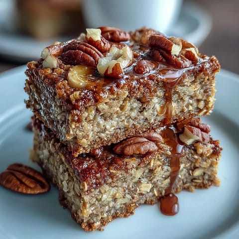 High-protein banana bread baked oats with ripe bananas and protein powder, topped with chopped walnuts and a drizzle of maple syrup.