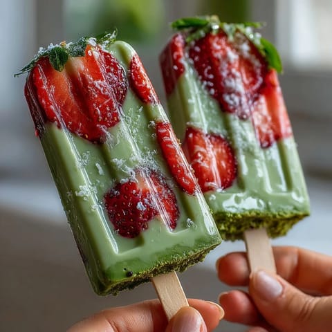 Vibrant strawberry matcha latte popsicles with creamy layers of fresh strawberry and smooth matcha green tea.
