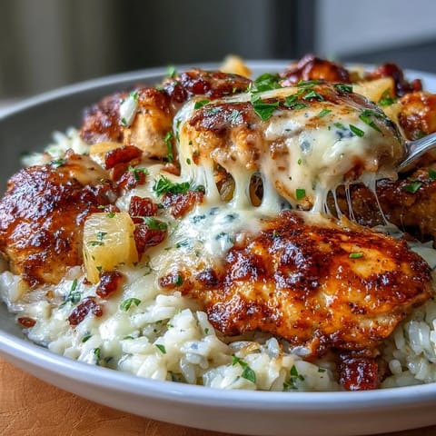 Golden Pineapple Chicken and Rice Casserole with melted cheddar cheese, baked to perfection in a savory, slightly sweet dish.