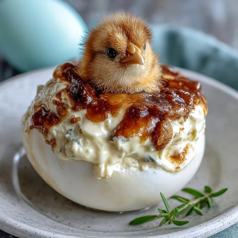 Adorable deviled egg chicks decorated with carrot beaks and black peppercorn eyes, perfect for Easter brunch.