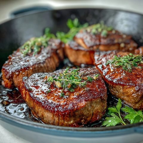 Savory garlic butter steak bites and golden potatoes sizzling in a skillet, garnished with fresh parsley and lemon zest for a vibrant spring dinner.  