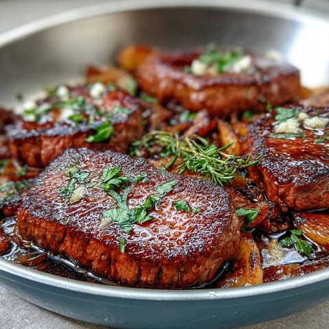 Tender sirloin steak cubes seared to juicy perfection mingle with crispy baby potatoes in a rich, aromatic garlic butter sauce, perfect for sharing.  
