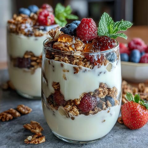 A vibrant yogurt parfait bar with fresh berries and crunchy granola, perfect for a festive Mothers Day brunch spread.