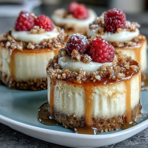 Housewarming Mini Cheesecakes topped with fresh berries, creamy filling, and crisp cookie crust in a festive dessert display.