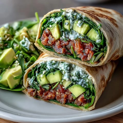 Protein-packed avocado tuna wraps with whole wheat tortillas, quick and easy for busy days.  