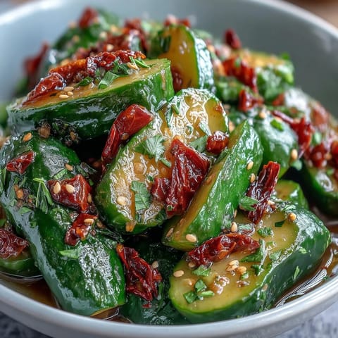 Fresh smashed cucumber salad with bold garlic chili oil drizzle, scallions, and sesame seeds for a vibrant vegan side dish.  