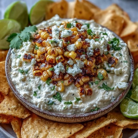 Creamy elote dip with charred corn and cotija cheese, served with crispy tortilla chips for a perfect appetizer.