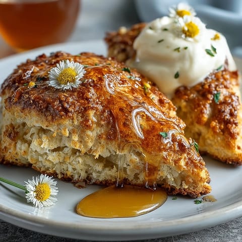 Golden scones with fresh dandelion petals and honey, served warm with clotted cream for a delightful spring brunch.