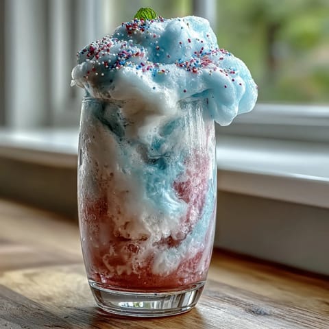 Whimsical cotton candy lemonade float with fluffy pink cotton candy, cold lemonade, and creamy vanilla ice cream, garnished with lemon slices and mint.
