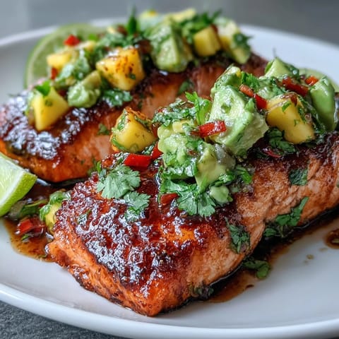 Baked salmon with mango avocado salsa served on a white plate, topped with colorful fruit salsa.  
