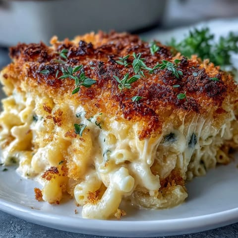 Creamy baked mac and cheese with golden panko topping, bubbling with rich cheddar and Gruyère sauce.
