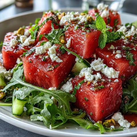 Vibrant Watermelon and Arugula Salad with juicy watermelon cubes, peppery greens, creamy feta, and zesty lime dressing in a white bowl.