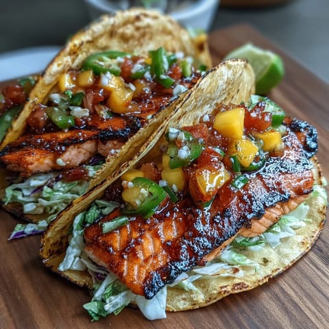 Grilled salmon tacos with mango salsa, vibrant and fresh, perfect for a light summer dinner.  