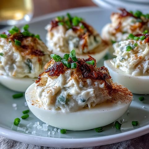 Zesty Crab Cake Deviled Eggs: lump crab and Old Bay seasoning elevate classic deviled eggs into a flavorful seafood treat.  