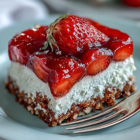 Memorial Day Strawberry Pretzel Salad Dessert with fresh strawberries and pretzel crust.  