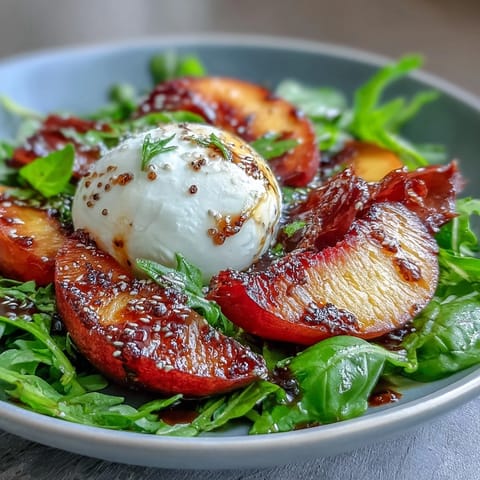Creamy burrata and juicy peaches on a bed of arugula, topped with salty prosciutto and fresh basil.