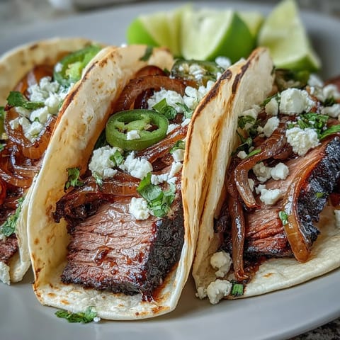 Delicious smoked brisket tacos topped with bright pickled red onion and fresh cilantro.