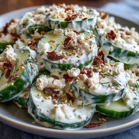 Creamy viral cucumber salad with everything bagel seasoning, a refreshing summer side dish.
