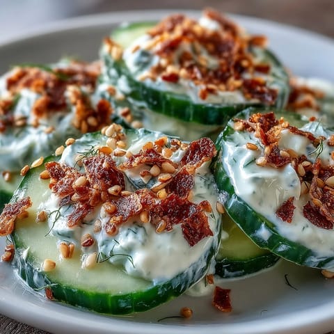 Crisp cucumber salad with tangy cream cheese dressing, perfect for your next potluck.
