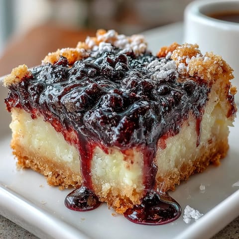 Tangy lemon bars with a vibrant blackberry swirl and shortbread crust.