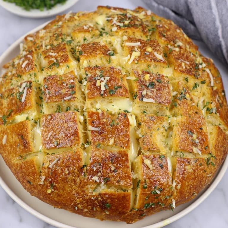 A close-up shot of the cheesy, fragrant garlic pull-apart bread, perfectly cross-hatched, oozing with cheese.