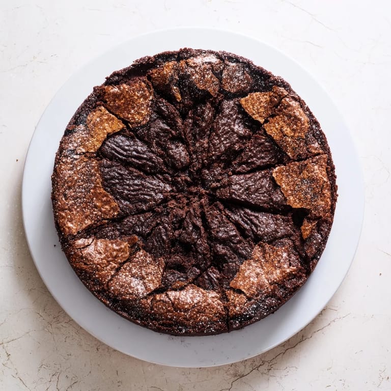 Close-up of a perfectly baked dark chocolate brownie tart, dusted with cocoa and ready to serve.