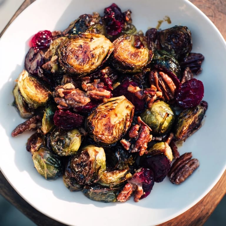 Savory, caramelized Winter Roasted Brussels Sprouts, topped with pecans – a perfect holiday dish.
