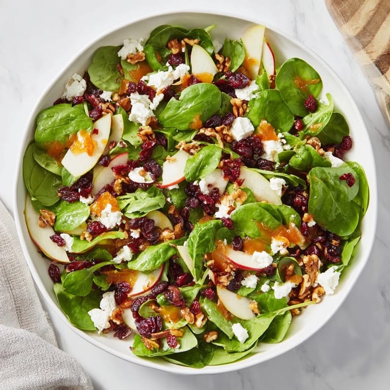 A beautiful close-up of the finished Seasonal Cranberry and Walnut Celebration Salad, ready to serve with toasted walnuts.