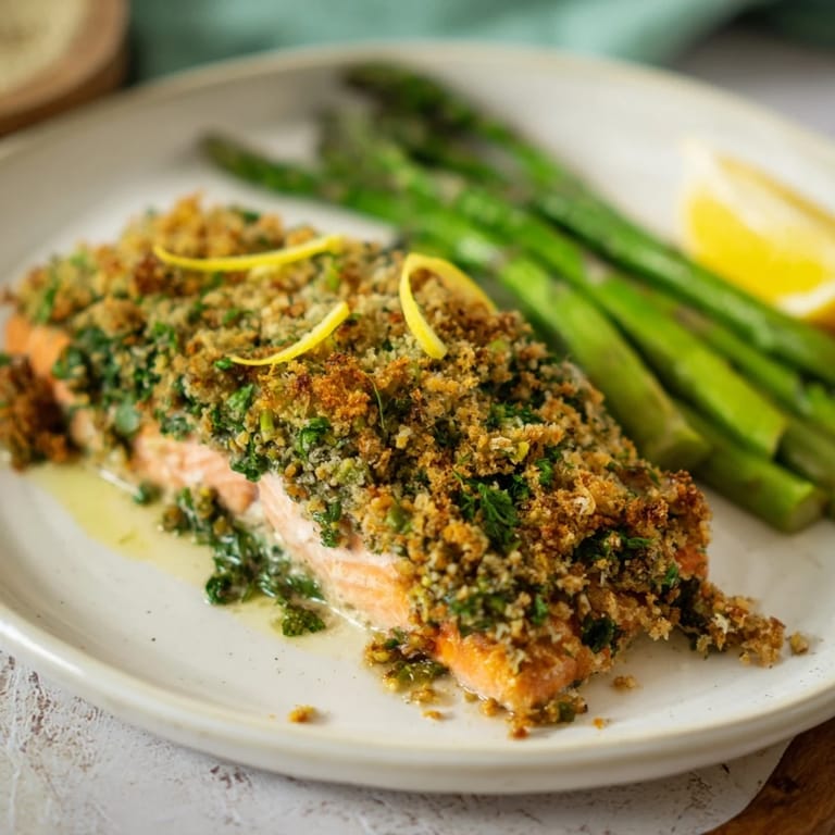 Oven-baked Easy Herb-Crusted Salmon with Asparagus is served with bright green roasted asparagus spears.