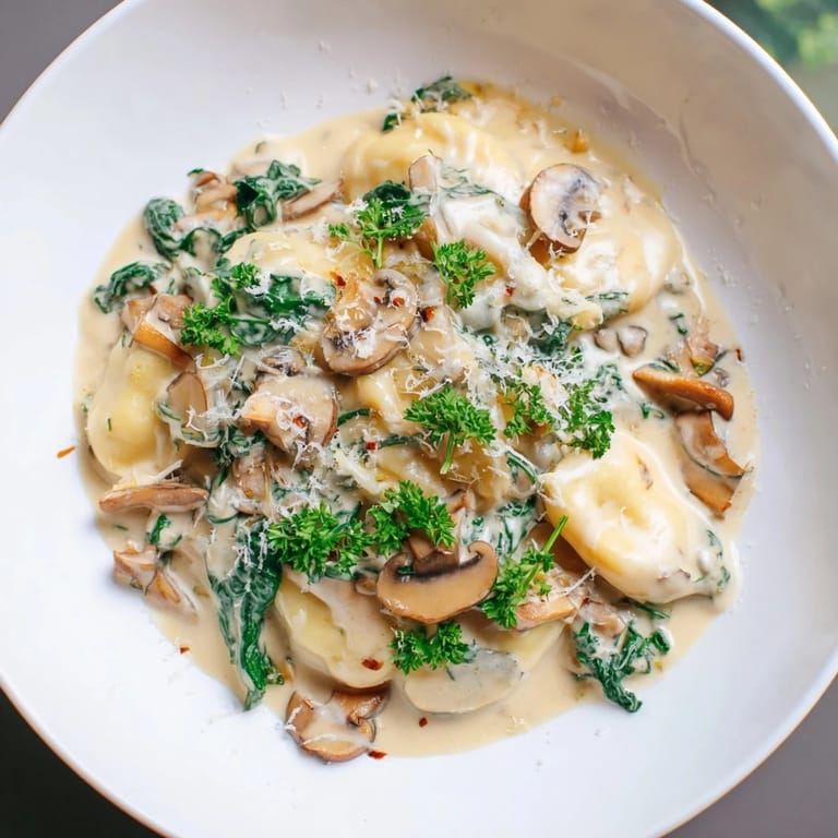 A single skillet of creamy One-Dish Mushroom and Spinach Gnocchi, smelling delicious with fresh thyme.