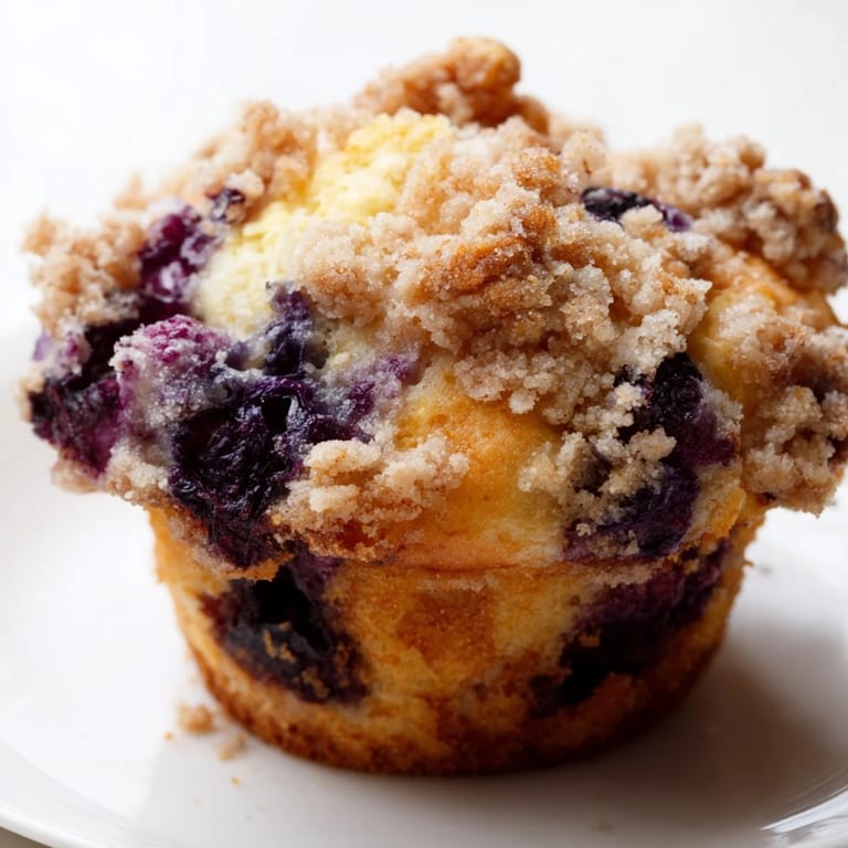 Freshly baked homemade blueberry muffins: soft, yielding texture with a sweet, crumbly topping.