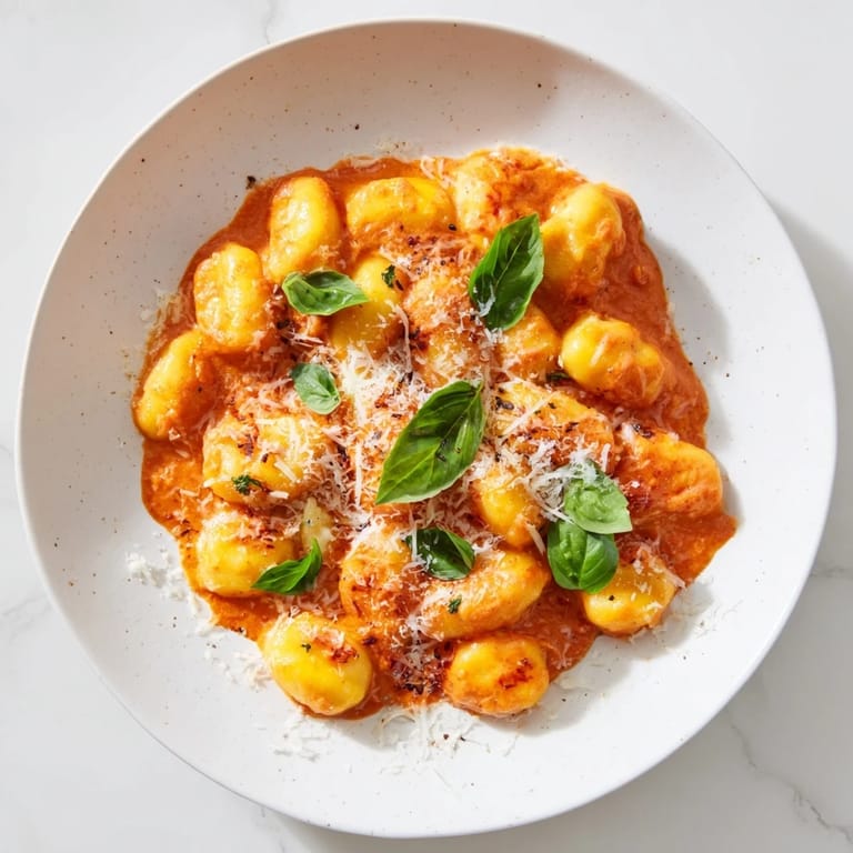 Vibrant red creamy tomato gnocchi with pillowy gnocchi and a sprinkle of Parmesan cheese.