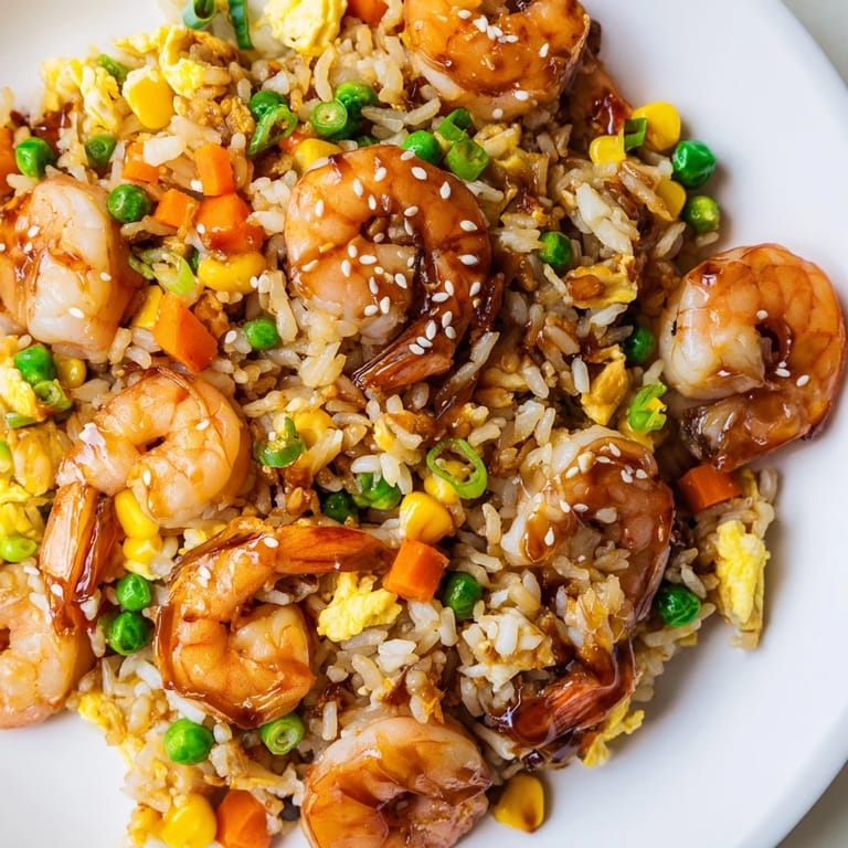 Savory and flavorful shrimp fried rice, pictured with golden shrimp and fluffy, perfectly cooked rice.