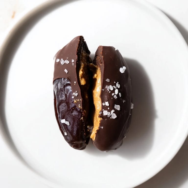 Creamy peanut butter-filled Chocolate Peanut Butter Dates, drizzled with sea salt, ready to satisfy.