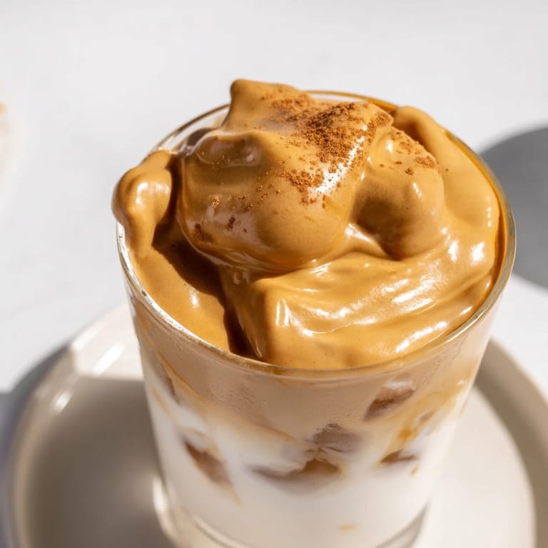 Frothy whipped coffee forms a gorgeous layer atop milk in this decadent brown sugar Dalgona latte.