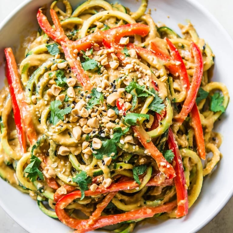 Enjoy this easy, flavorful Zesty Peanut Zucchini Noodles dish, perfect for a light vegetarian lunch.