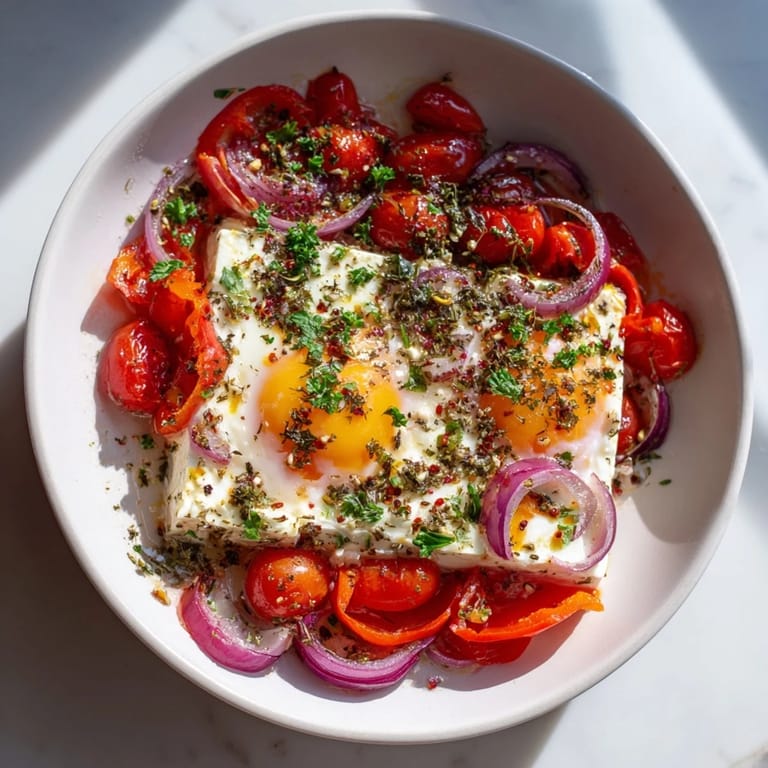 Enjoy a warm and comforting Mediterranean Baked Feta & Eggs, bursting with flavor and garden-fresh ingredients.