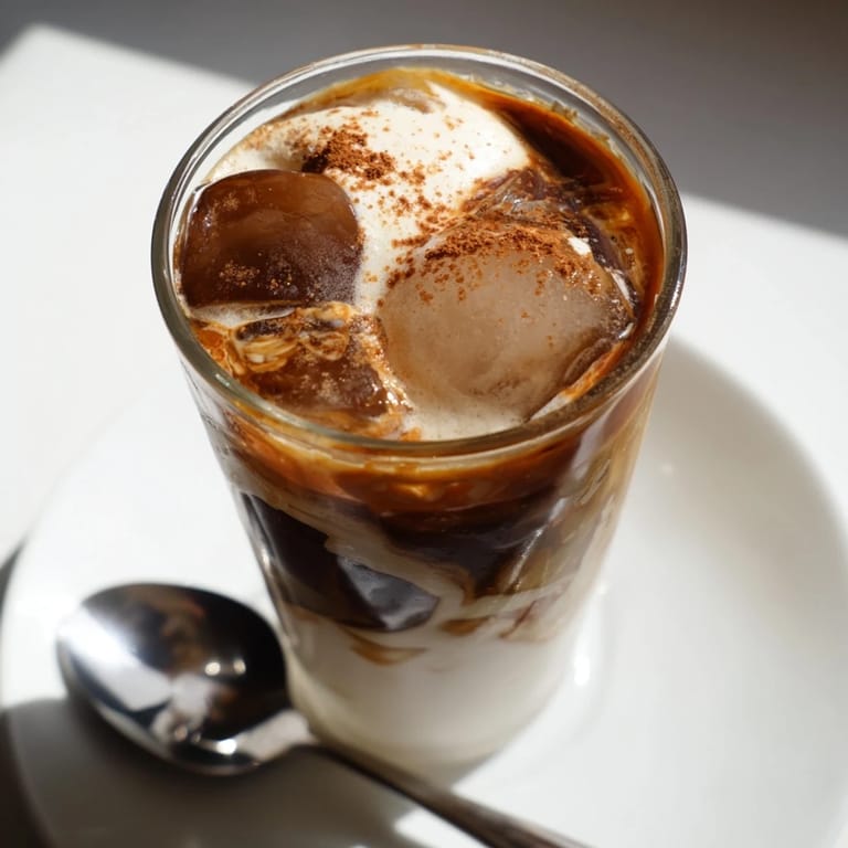 Frothy Iced Brown Sugar Oat Latte, a delicious dairy-free coffee drink, served chilled with ice.