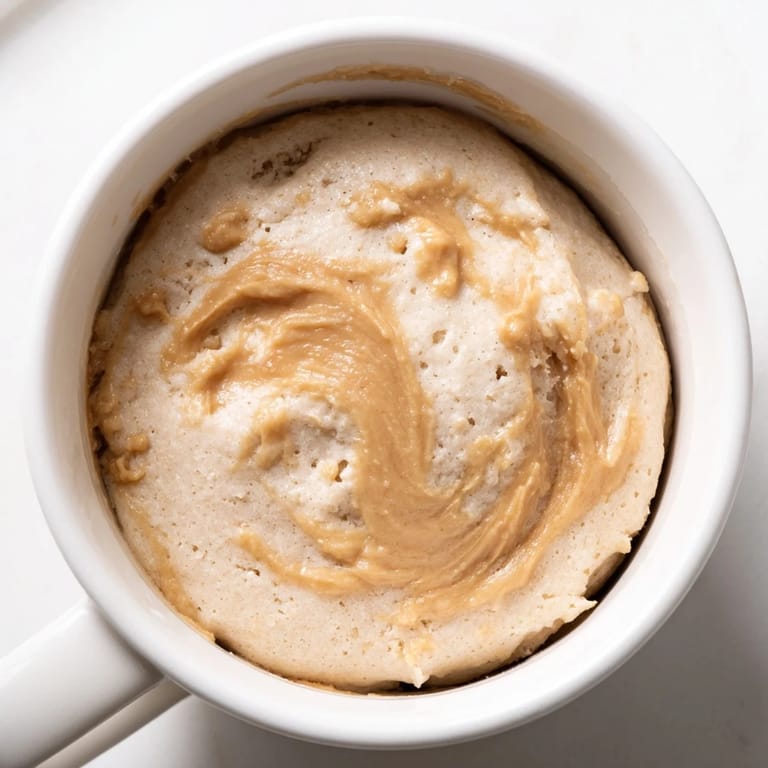 Warm, bubbling 2-Minute Peanut Butter Mug Cake, ready to be enjoyed straight from the mug for a fast treat.