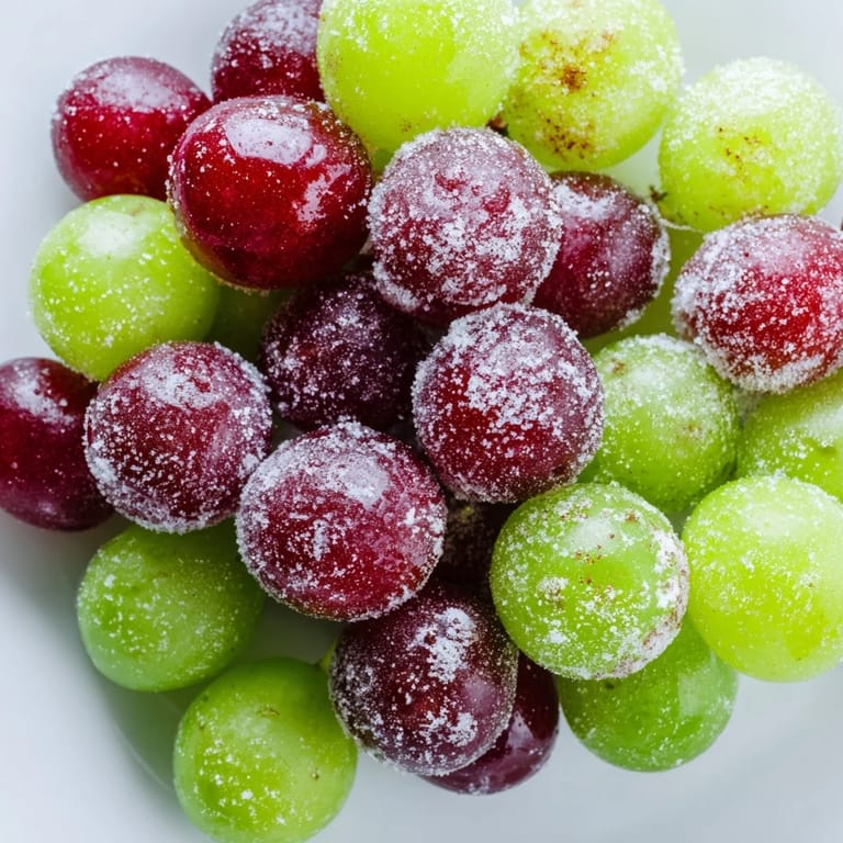 Vibrant photo of frozen grapes, ideal for a vegan snack, glistening and easy to eat.