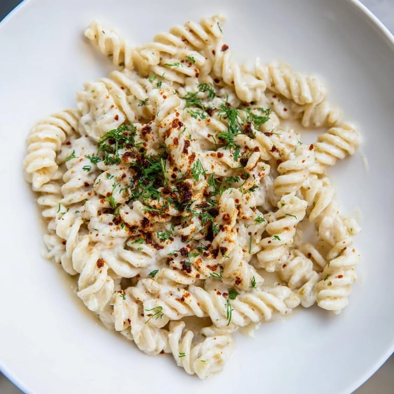 A vibrant close-up of Turkish Yogurt Pasta, the creamy sauce coating the perfectly cooked pasta.