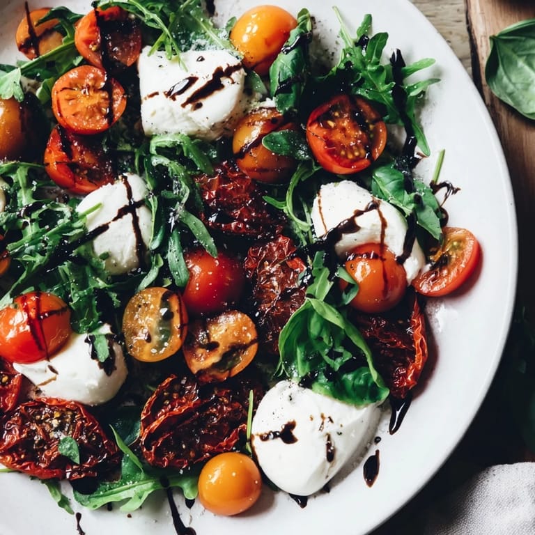 Close-up of a colorful Tomato Flight Salad featuring various tomatoes and greens; perfect for a light vegetarian meal.
