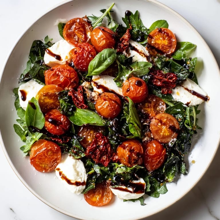 This Tomato Flight Salad shows roasted tomatoes beside creamy burrata; ready to be dressed and enjoyed.