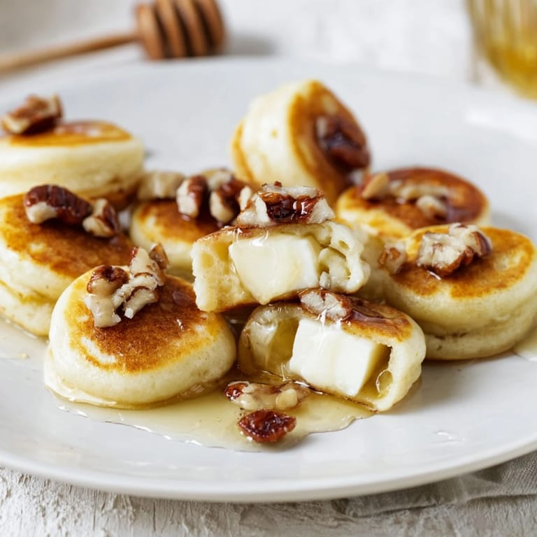 Warm, appetizing Pancake Brie Bites: buttery, savory, with a sweet drizzle, a perfect brunch treat.