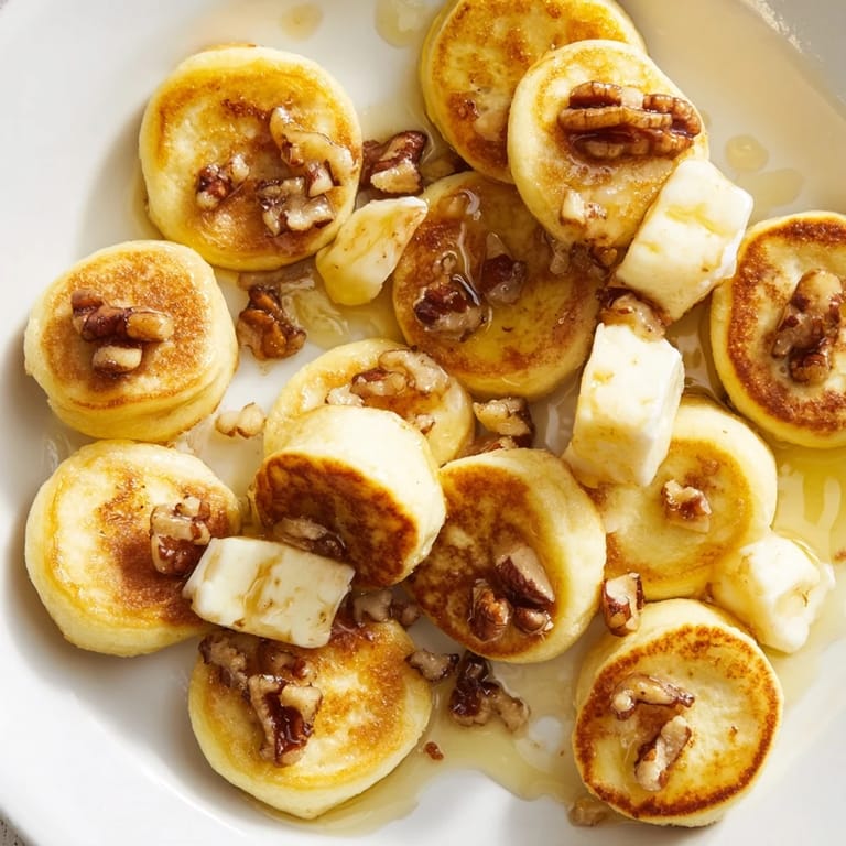 Mini muffin tin filled with freshly baked Pancake Brie Bites, featuring a delightful, melted cheese center.