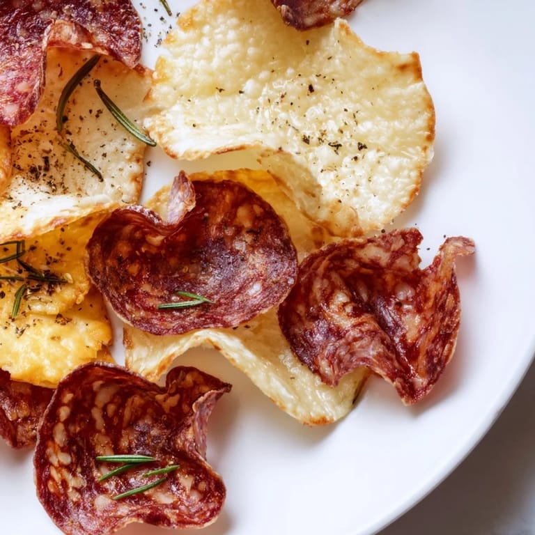 Oven-baked charcuterie chips: beautifully arranged assortment of savory cured meats and cheeses.