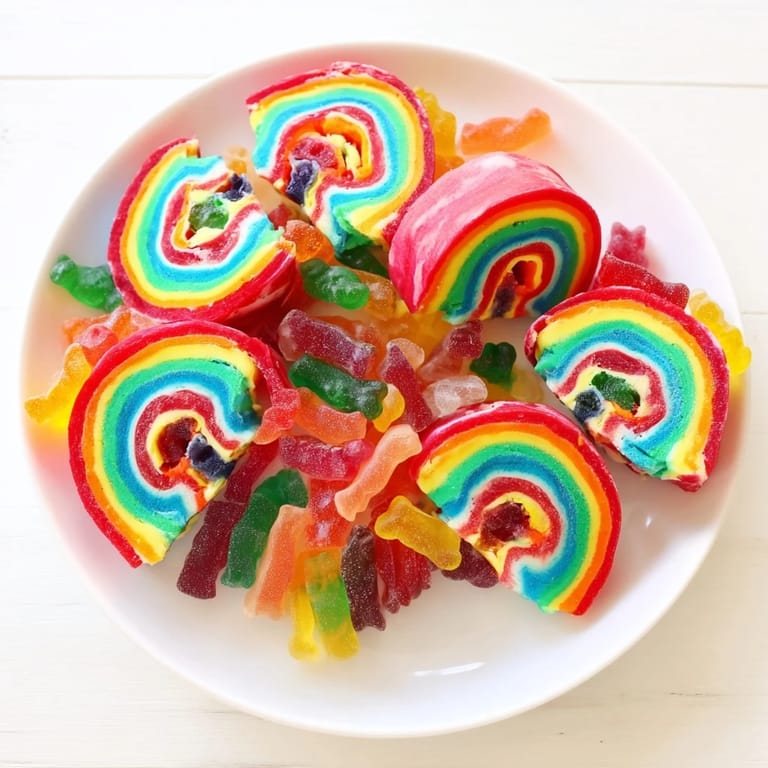 Close-up of freshly cut Rainbow Candy Roll Ups, showcasing the bright gummy candies in a playful snack.