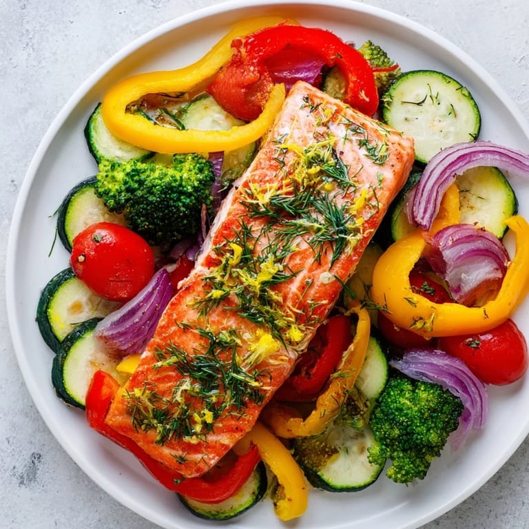 Freshly baked salmon sheet pan bake surrounded by vegetables, a simple, pescatarian meal ready to serve.