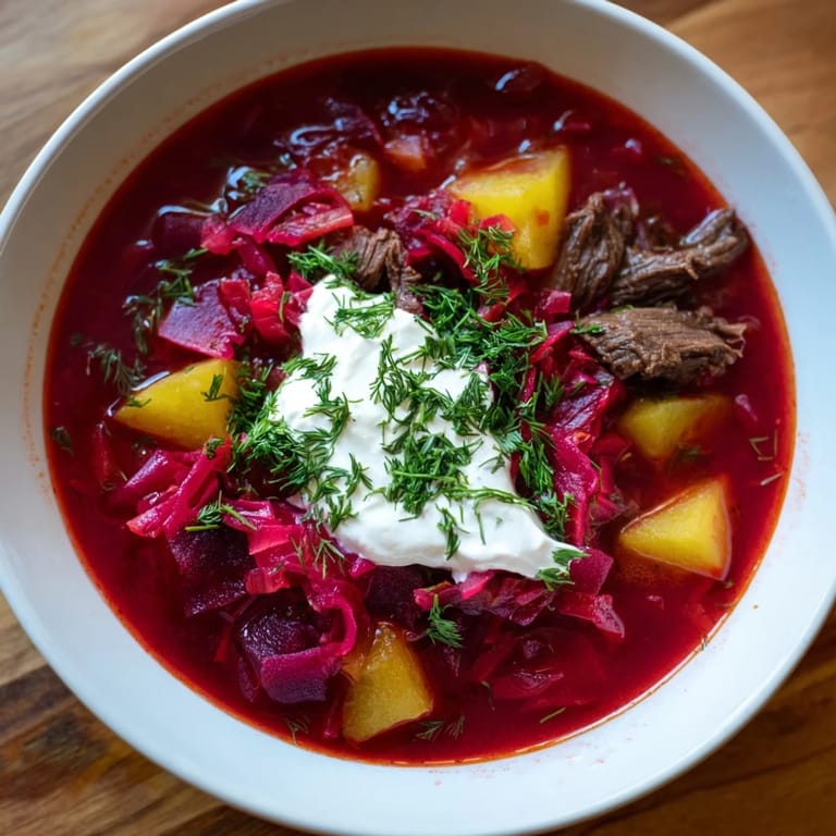 Vibrant red Ukrainian Borscht Soup showcases tender beef and vegetables, garnished with fresh dill before serving.